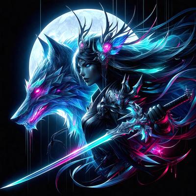 The primary subject of the image is a woman with a sword, who is standing in front of a wolf. The woman is wearing a black and blue outfit, and she is holding a sword in her hand. The setting appears to be a dark, possibly magical, environment. The visual style of the image is digital art, with a focus on the woman and the wolf. The colors and mood of the image are dark and mysterious, with the woman and the wolf being the main focus of the scene.